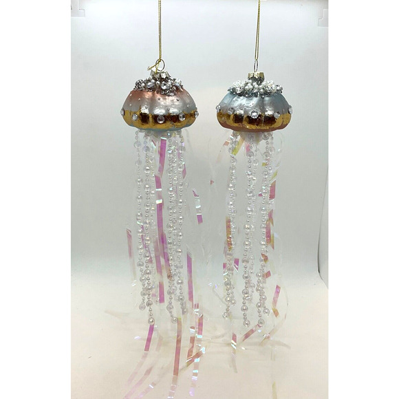2 Jellyfish Ornaments Glass Pink & Blue Christmas Pearl Flowing Tentacles - Picture 4 of 10